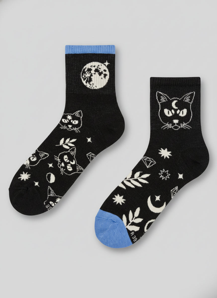Cat & Moon Crew Socks